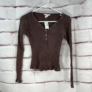 Full Tilt Girls Cropped Sweater Size L Long Sleeve Brown V Neck Buttons Stretch